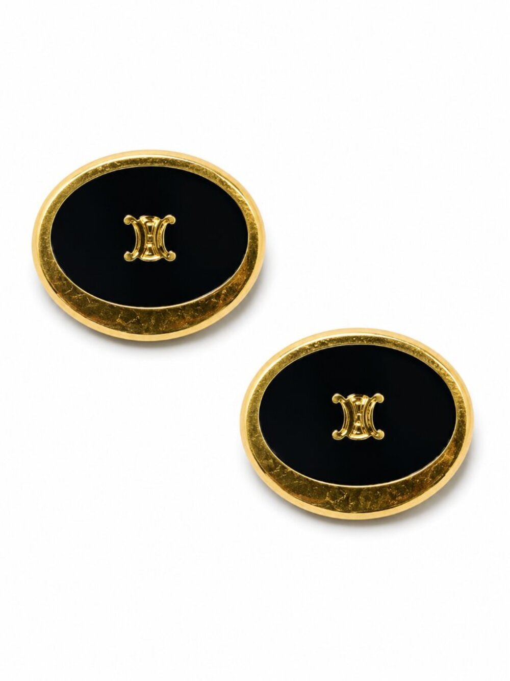 Vintage Celine Triomphe Black Enamel Gold Tone Oval Cufflinks